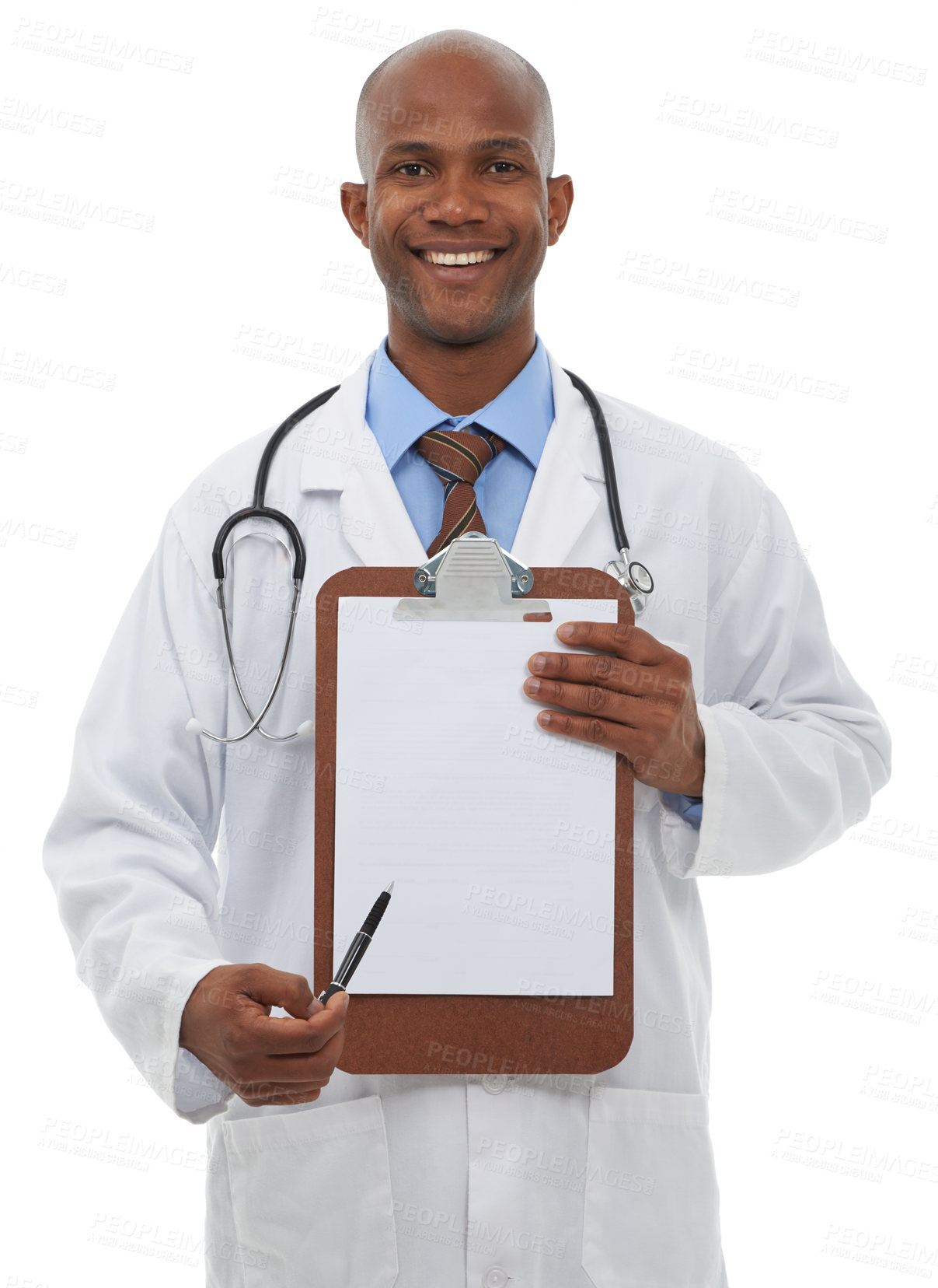 Buy stock photo Healthcare, portrait or man doctor with clipboard, pen or signature gesture in studio on white background. Medical, mockup and face of medic with poster for insurance, sign up or hospital compliance 