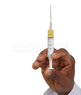 Buy stock photo Hand, doctor and person with syringe, vaccine or medicine with drugs and healthcare on white background. Needle, prescription medication and liquid supplement for health and wellness in studio