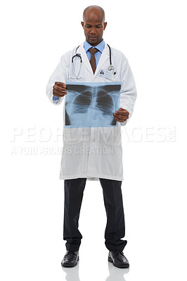 Buy stock photo Surgeon, black man and check xray scan for lung cancer evaluation, clinic research or medical investigation. Healthcare studio, MRI and African doctor analysis of anatomy isolated on white background