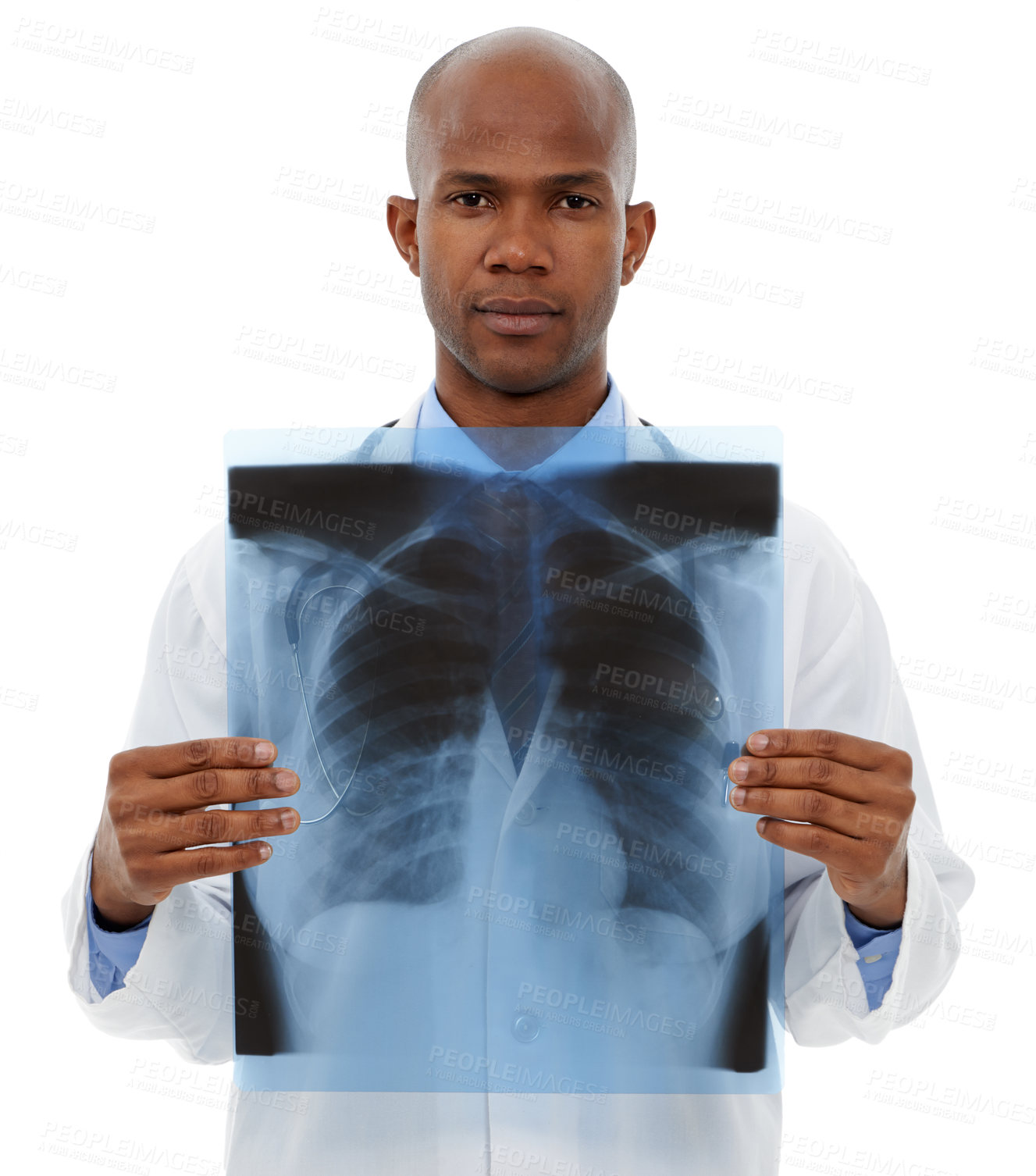 Buy stock photo Portrait, man and doctor with x ray, healthcare and employee isolated on white studio background. Face, support and African person with scans, test results or disease with radiologist or mockup space