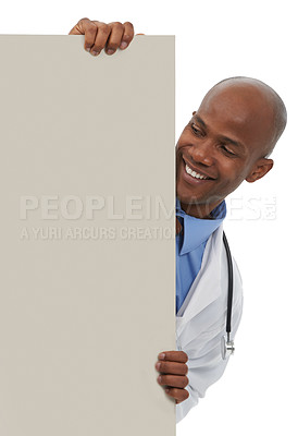 Buy stock photo Doctor, studio poster and happy black man with commercial information, hospital notification or clinic announcement. Mockup space, healthcare sign and African nurse presentation on white background