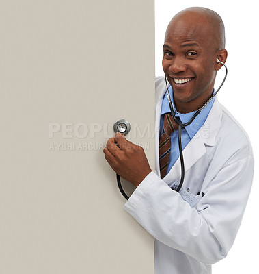 Buy stock photo Happy doctor, stethoscope or portrait of black man with billboard, hospital promo or cardiology announcement. Mockup space, advertising studio or surgeon smile for healthcare sign on white background