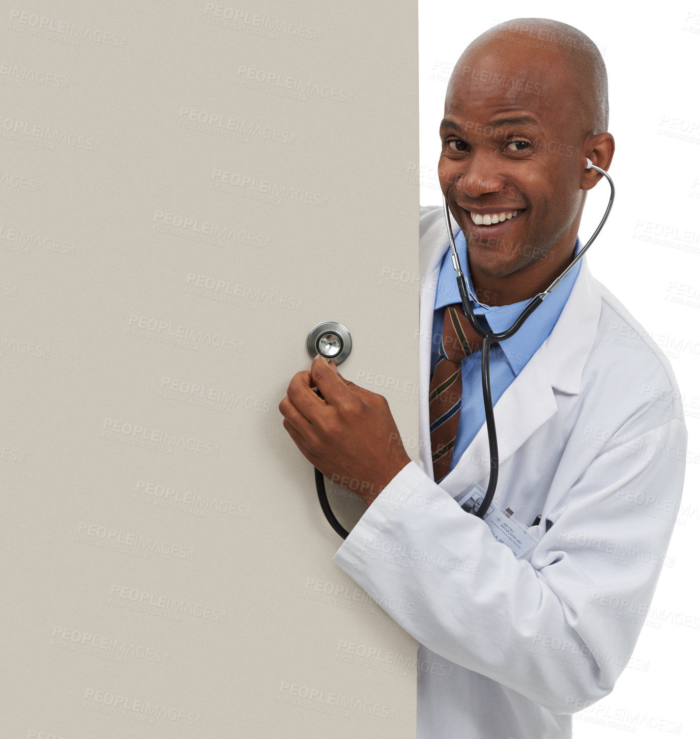 Buy stock photo Happy doctor, stethoscope or portrait of black man with billboard, hospital promo or cardiology announcement. Mockup space, advertising studio or surgeon smile for healthcare sign on white background