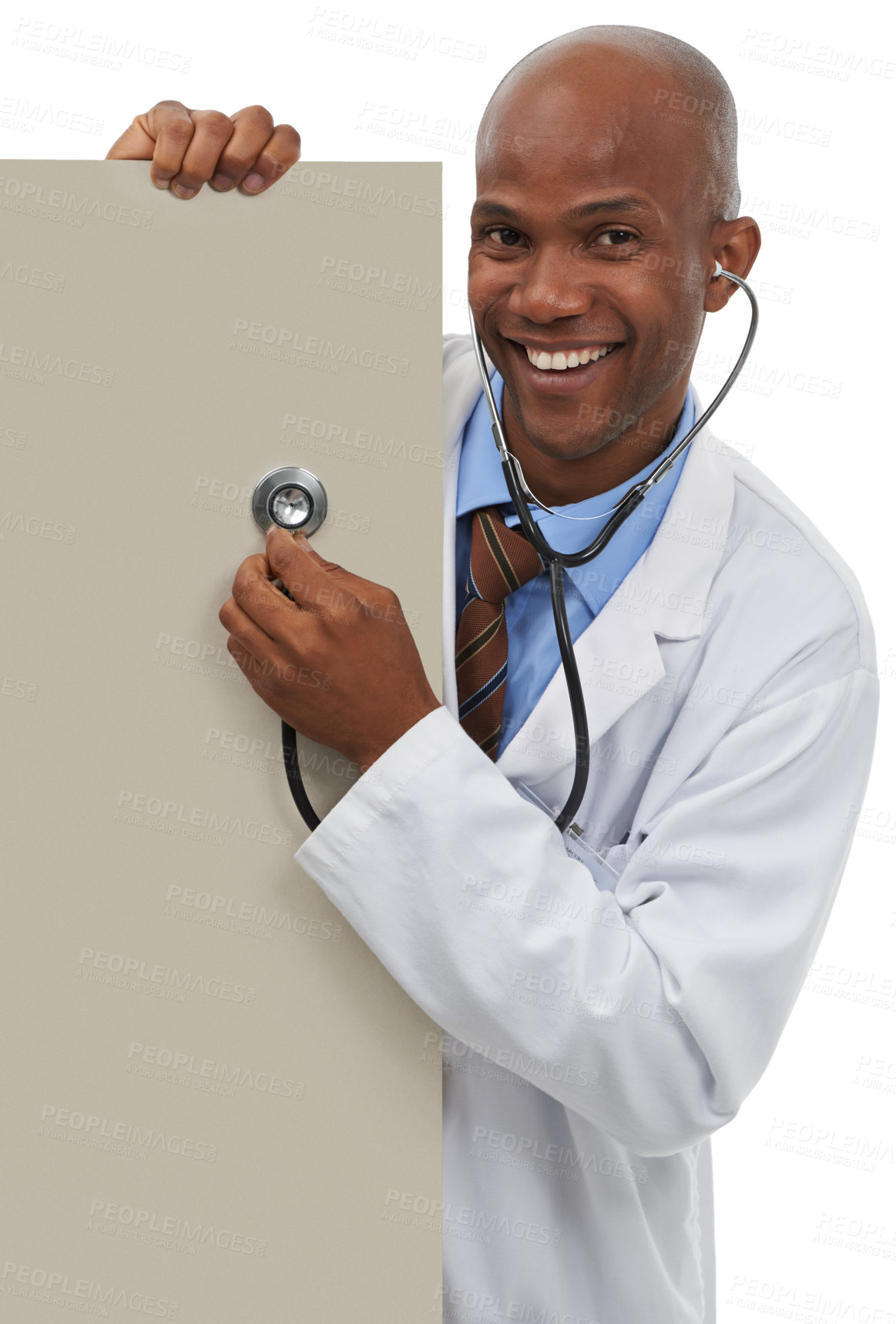 Buy stock photo Happy doctor, stethoscope and portrait of black man with poster, hospital notification and listening for clinic news. Cardiology, studio and African cardiologist with mockup space on white background