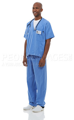 Buy stock photo Healthcare, smile and African man doctor in studio for help, guidance or assistance on white background. Medical, consulting and male nurse at hospital for surgery, surgeon internship or career goal