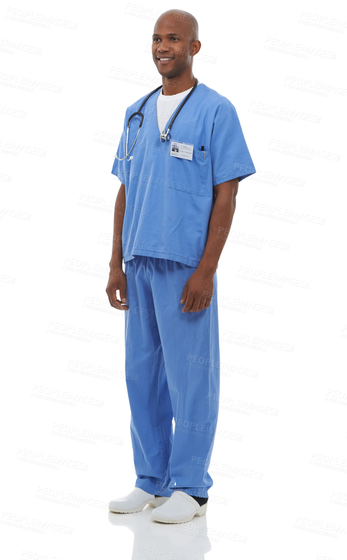 Buy stock photo Healthcare, smile and African man doctor in studio for help, guidance or assistance on white background. Medical, consulting and male nurse at hospital for surgery, surgeon internship or career goal