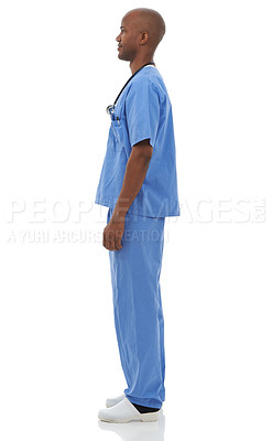 Buy stock photo Profile, man and doctor with uniform, employee and career isolated on a white studio background. African person, model and surgeon with professional, medical and nurse with confidence and healthcare