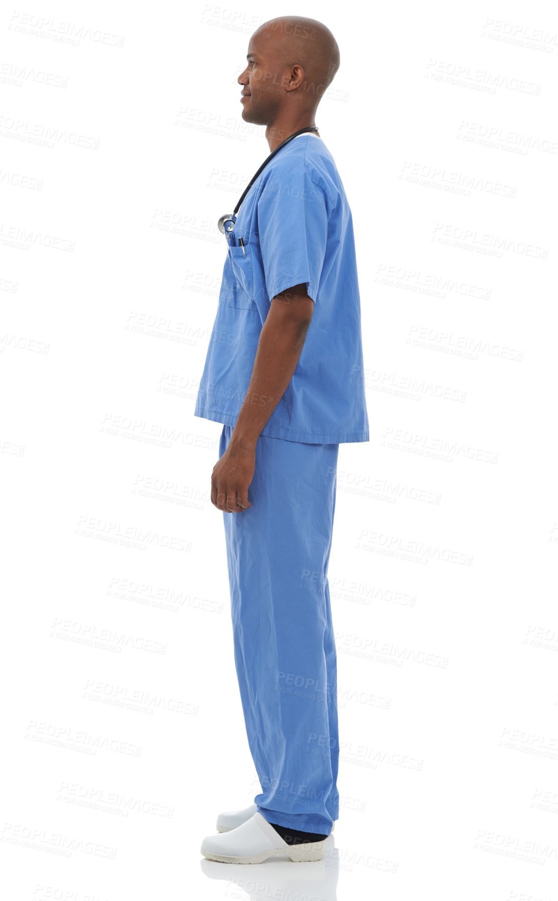 Buy stock photo Profile, man and doctor with uniform, employee and career isolated on a white studio background. African person, model and surgeon with professional, medical and nurse with confidence and healthcare
