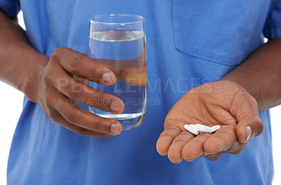Buy stock photo Hands, pills and water for medication, virus and disease with drugs, medicine or vitamins. Nurse, pharmaceutical and healthcare for treatment, medical and tablets for closeup or prescription