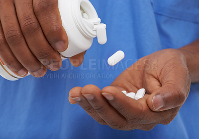 Buy stock photo Hands, pills and bottle for healthcare with doctor or nurse, prescription medicine or supplements. Medication, medical and wellness with vitamins, treatment and person with pharmaceutical drugs