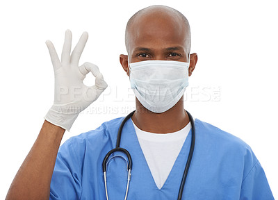 Buy stock photo Face mask, perfect sign and portrait of doctor in a studio with glove and stethoscope for consultation. Virus, protection and African male healthcare worker with ok hand gesture by white background.