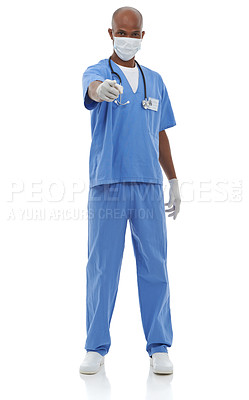 Buy stock photo Portrait, black man and doctor pointing to you, mask and employee isolated on a white studio background. African person, surgeon and face cover with motivation, career and medical with professional