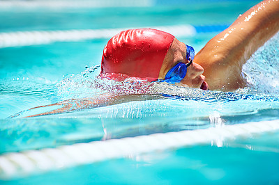 Buy stock photo Sports, breathing or person in swimming pool for competition training, workout or energy. Fitness, water splash and cardio with a fast swimmer and athlete for exercise, championship and race at gala