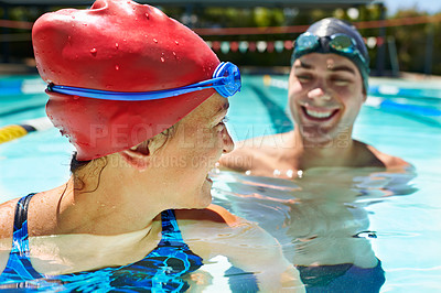 Buy stock photo Laughing, relax or happy couple in swimming pool for sports training, workout or teamwork for fitness. Cardio, swimmers or athletes in exercise for support, health or wellness with smile in water