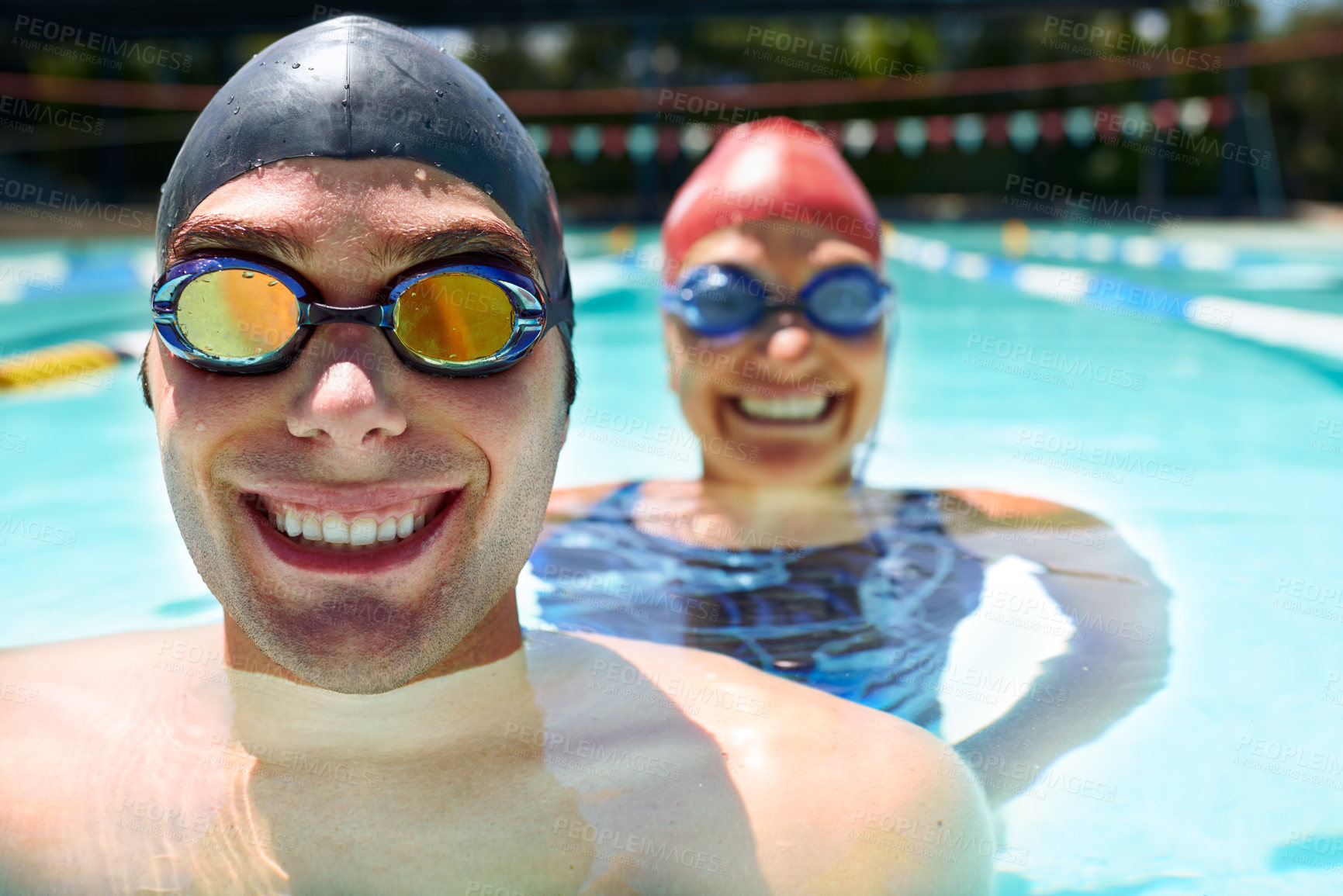 Buy stock photo Friends, portrait or people in swimming pool for sports training, workout or teamwork for fitness. Happy, swimmers or athletes in exercise together for development, health or wellness with smile