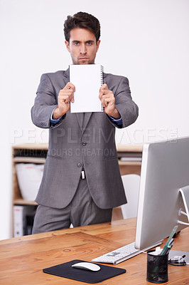 Buy stock photo Businessman, holding and notepad in office for information, job policy and work conditions in company. Human resources manager, notice and stop with serious in workplace, professional and computer