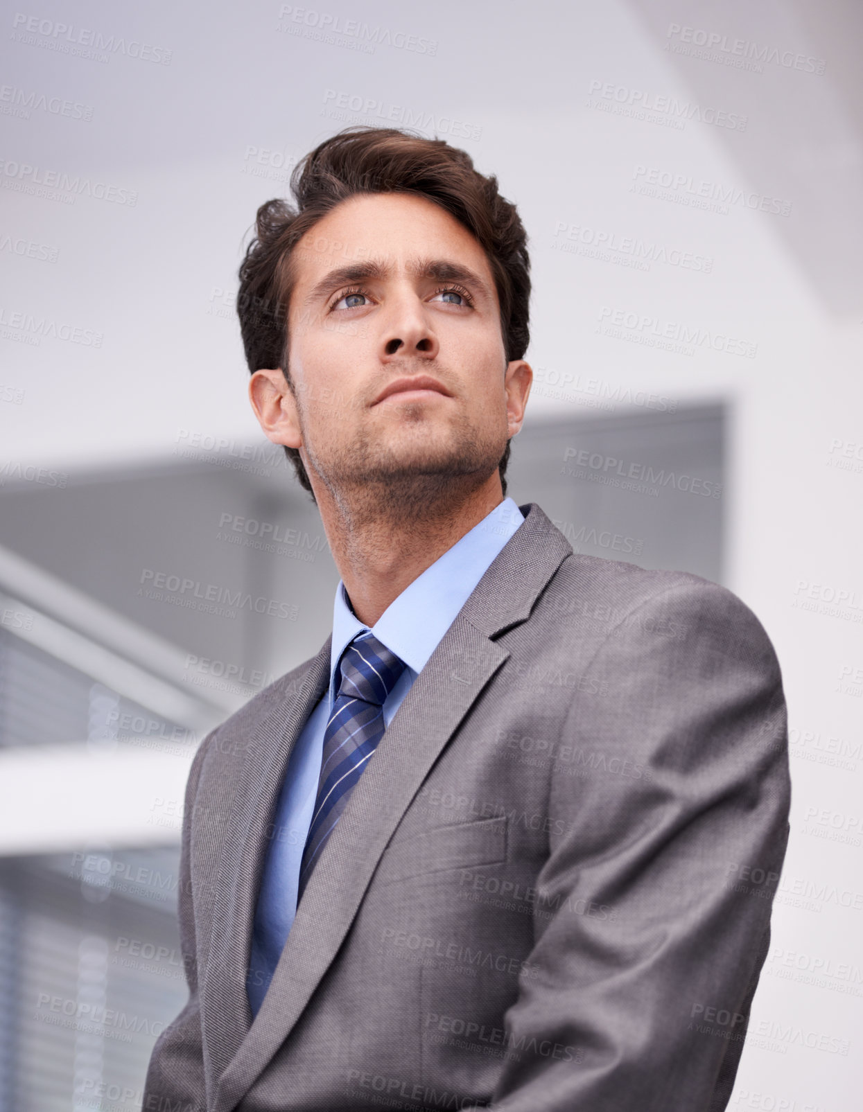 Buy stock photo Thinking, idea and young businessman in the office planning for a corporate legal or law case. Brainstorming, confidence and professional male attorney with question face expression in workplace.