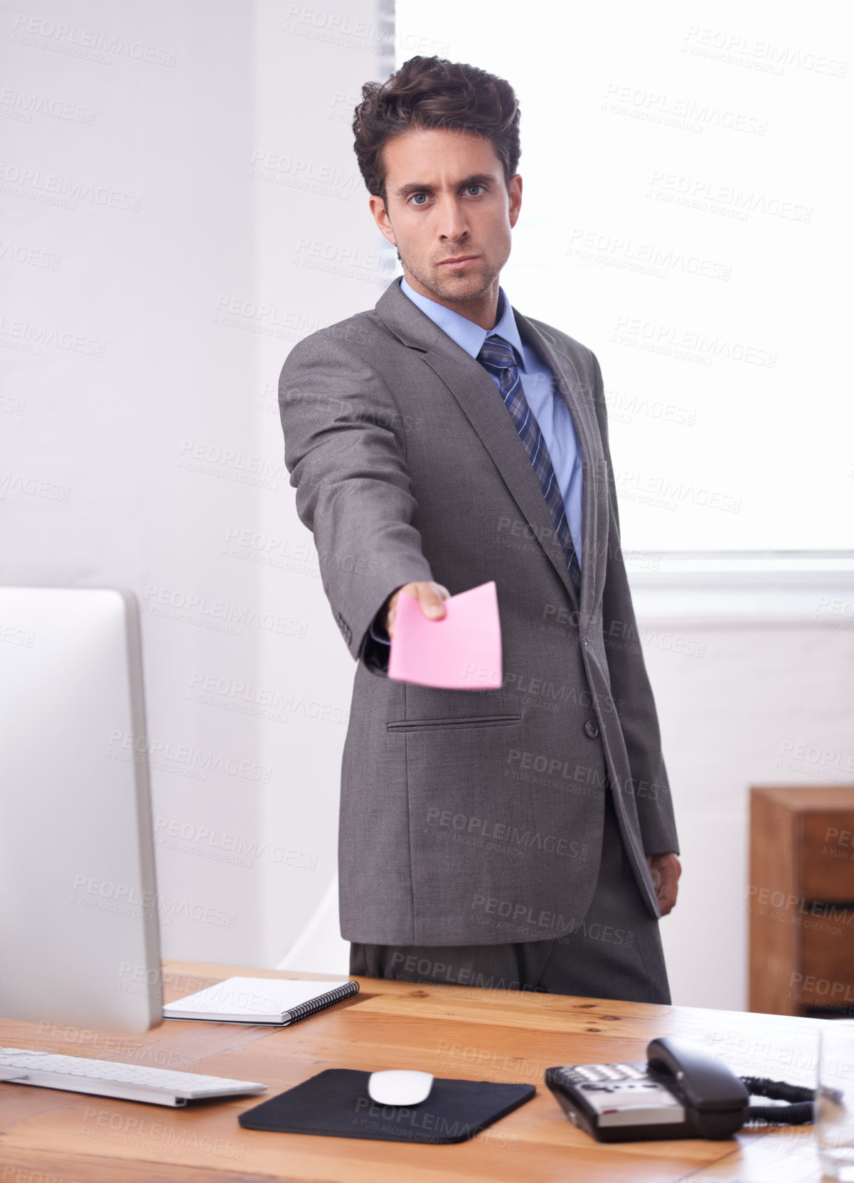 Buy stock photo Paper, portrait and businessman in the office with warning on company note with information. Legal career, pink slip and professional male attorney with firing offer letter in modern workplace.
