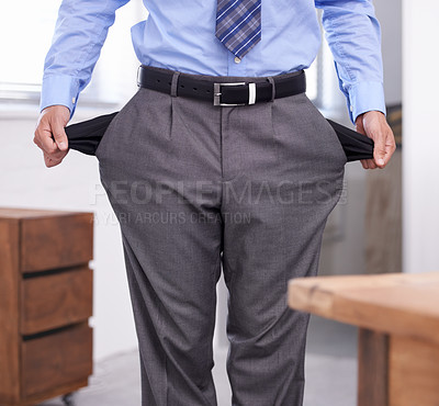 Buy stock photo Businessman, debt and empty pockets with hands, corporate wear and bankrupt business. Financial crisis, office and failure with money, finance and bad management with bankruptcy, investing or bills