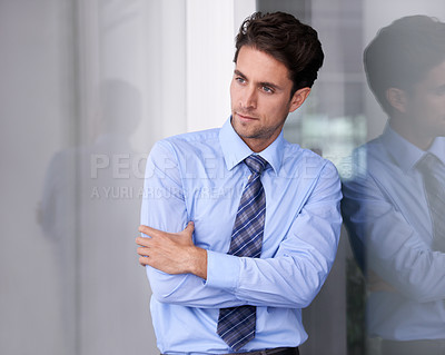 Buy stock photo Window, crossed arms and serious business man in workplace with confidence, pride and ambition. Corporate entrepreneur, professional and worker thinking for career, job and working in modern office