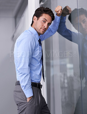 Buy stock photo Thinking, portrait and young businessman in the office planning for a corporate legal or law case. Brainstorming, confidence and professional male attorney with question face expression in workplace.