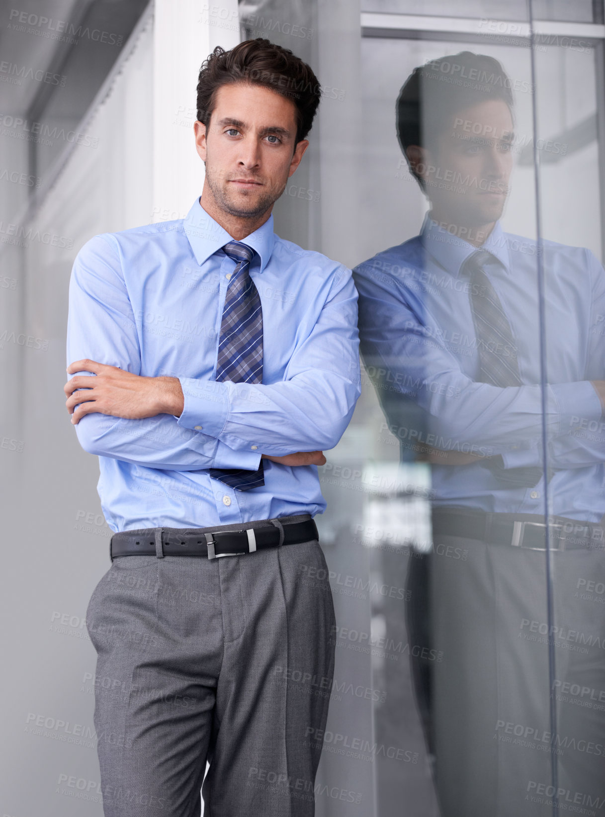 Buy stock photo Office, crossed arms and portrait of business man in workplace with confidence, pride and ambition. Corporate entrepreneur, professional worker and person for career, job and working by window