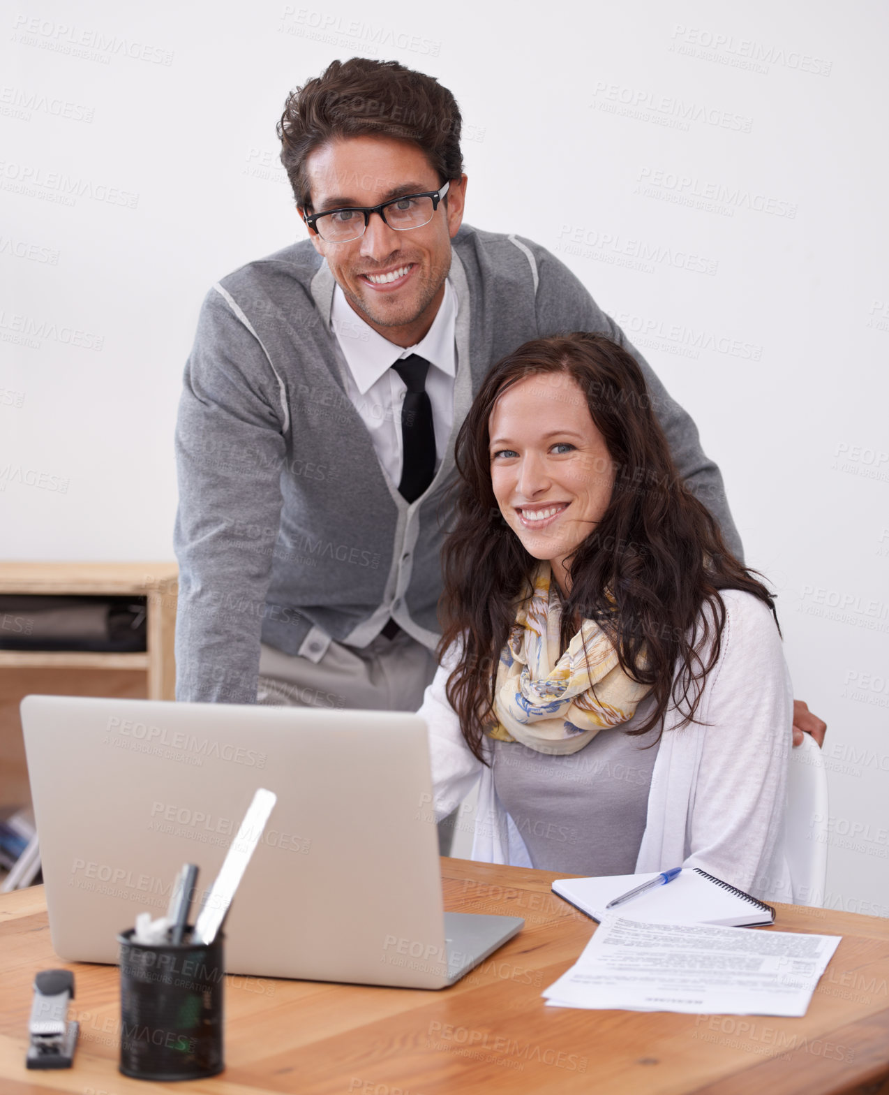 Buy stock photo Business people, teamwork portrait and computer for planning, collaboration and manager support or advice in office. Happy employees, man and woman on laptop for human resources feedback or helping