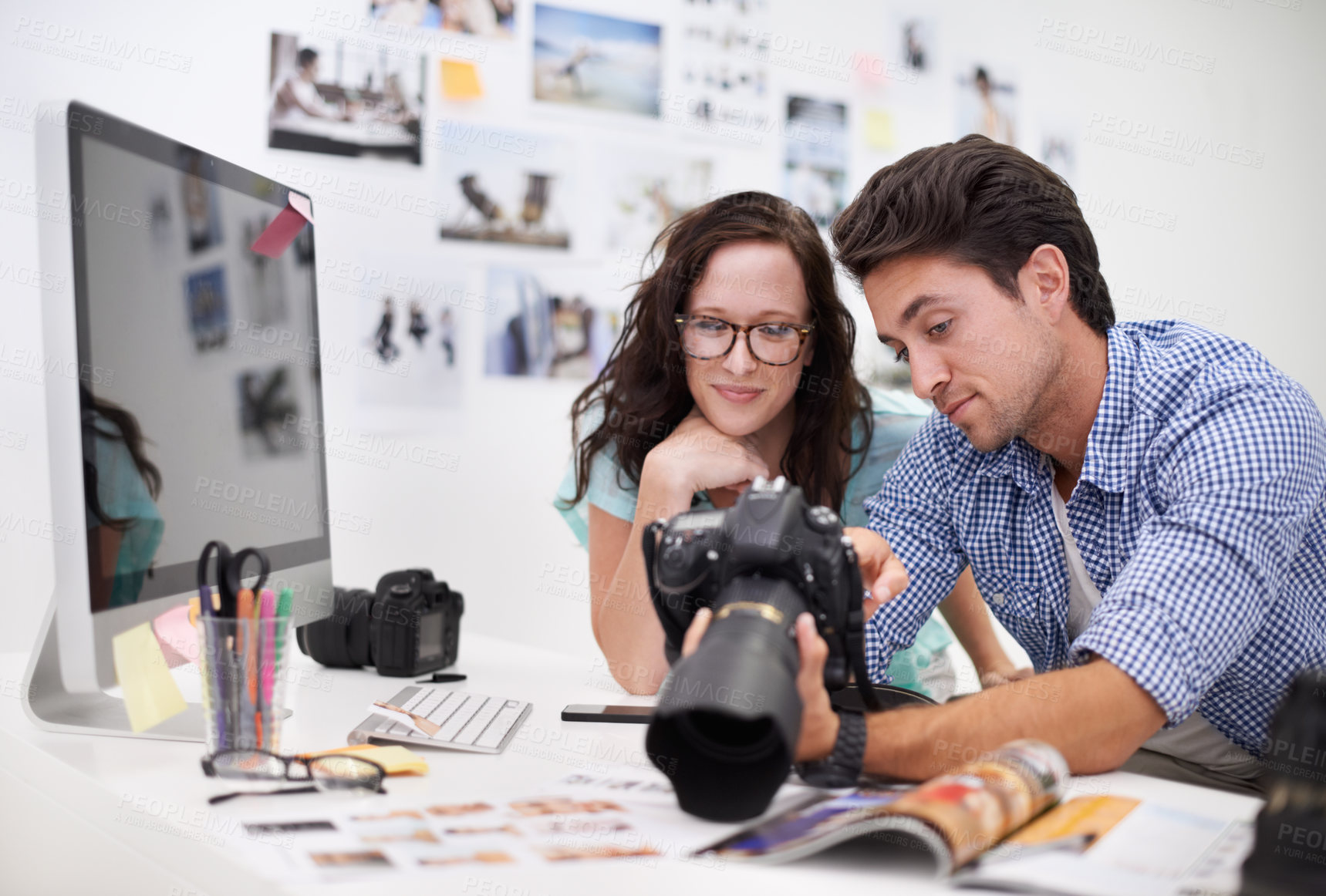 Buy stock photo Man, woman or camera for workshop photography with teamwork, lens and creative editor in workplace. People, photographer and collaboration in career, technology or focus in office on digital graphic