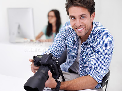 Buy stock photo Man, photographer and portrait with camera, happy and lens for work, shoot and editing photographs. Professional, office and technology with creativity, internet and equipment for videography