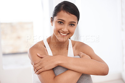 Buy stock photo Portrait, fitness and happy woman in home for exercise, yoga or pilates. Smile, healthy body and a young person or girl in house for physical activity, holistic wellness and relax alone in Brazil