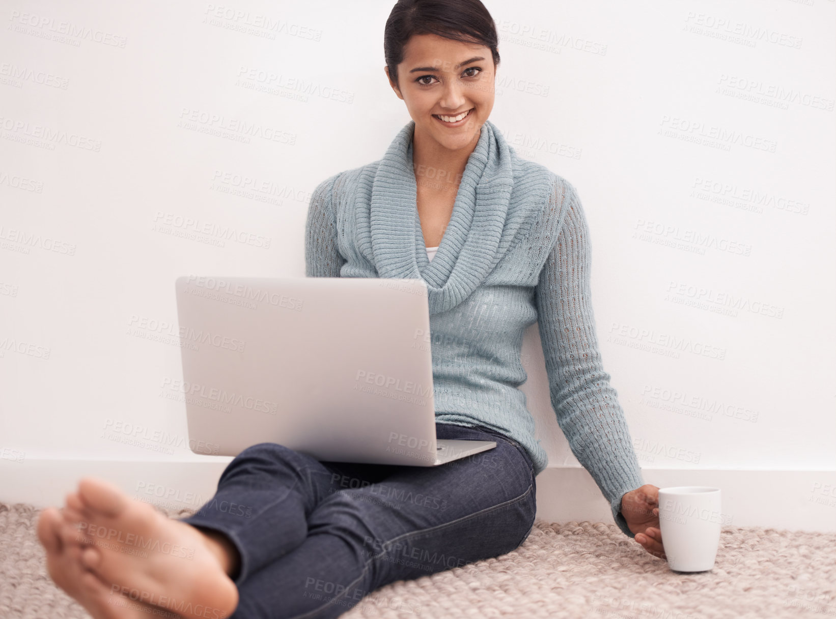 Buy stock photo Portrait, home and woman with a laptop, happy and coffee in a living room, digital app and remote work. Face, person on the floor or girl in a lounge, tech and website with daily blog and connection
