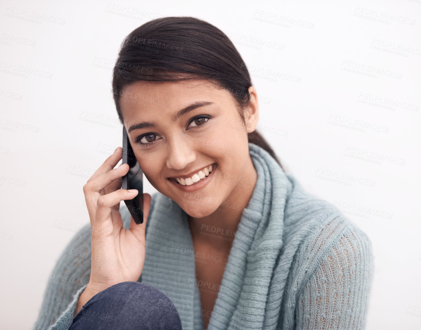 Buy stock photo Young woman, phone call and communication in portrait with smile at home, conversation and happy for technology and connectivity. Contact, smartphone and connection, discussion and network for talk