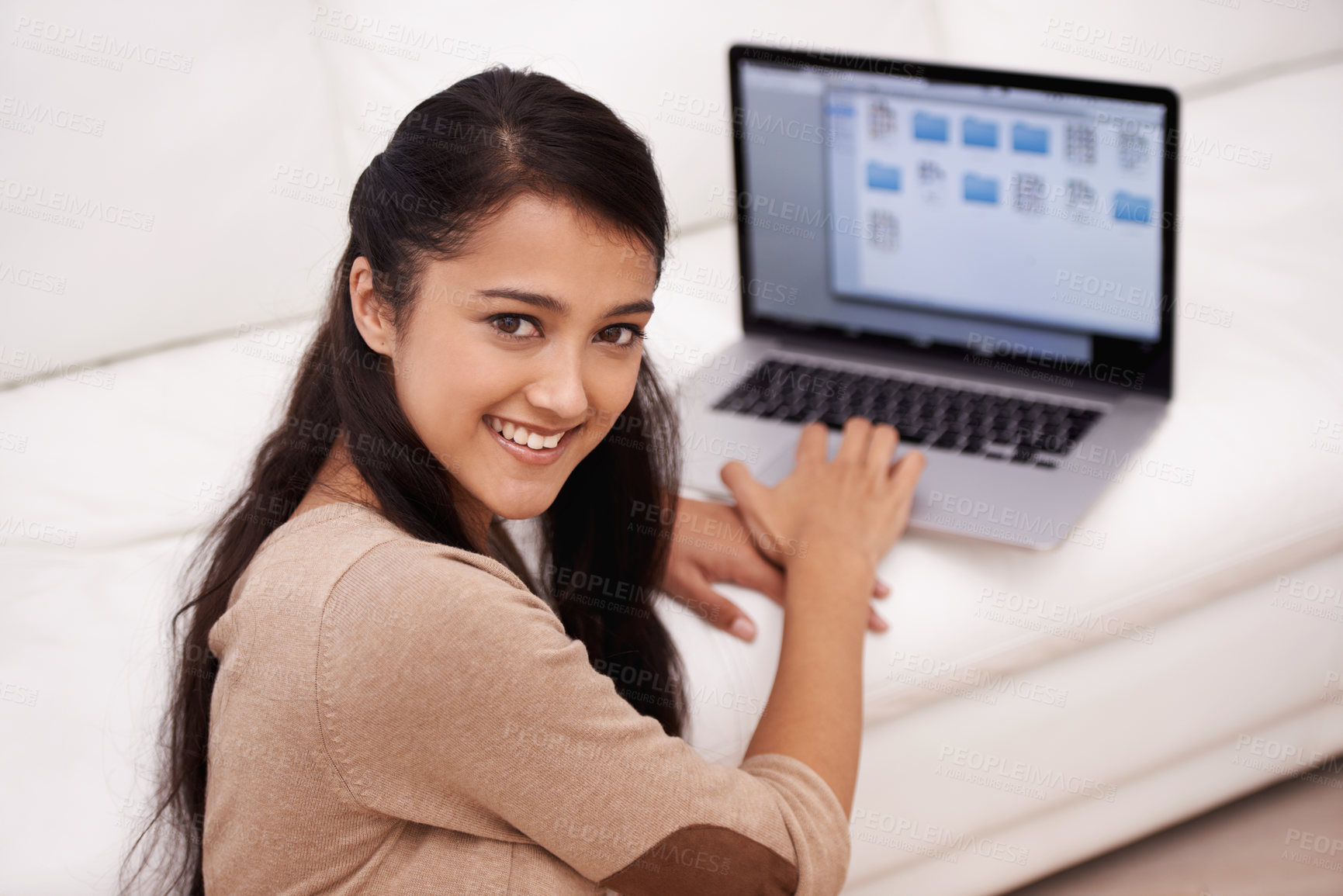 Buy stock photo Portrait, home and woman with a laptop, connection and typing in a living room, digital app and internet. Face, person or girl in a lounge, technology and website with daily news, computer and happy