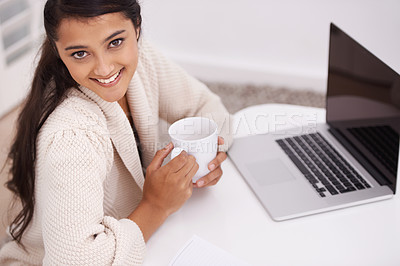 Buy stock photo Portrait, home and woman with a laptop, coffee and smile in a living room, internet and connection. Face, person on a couch or girl in a lounge, technology and computer with daily news or digital app