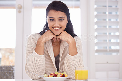 Buy stock photo Breakfast, home and portrait of woman with fruit salad and juice for nutrition, wellness and diet. Morning, happy and person with drink, healthy food and snack for detox, vitamins and organic meal