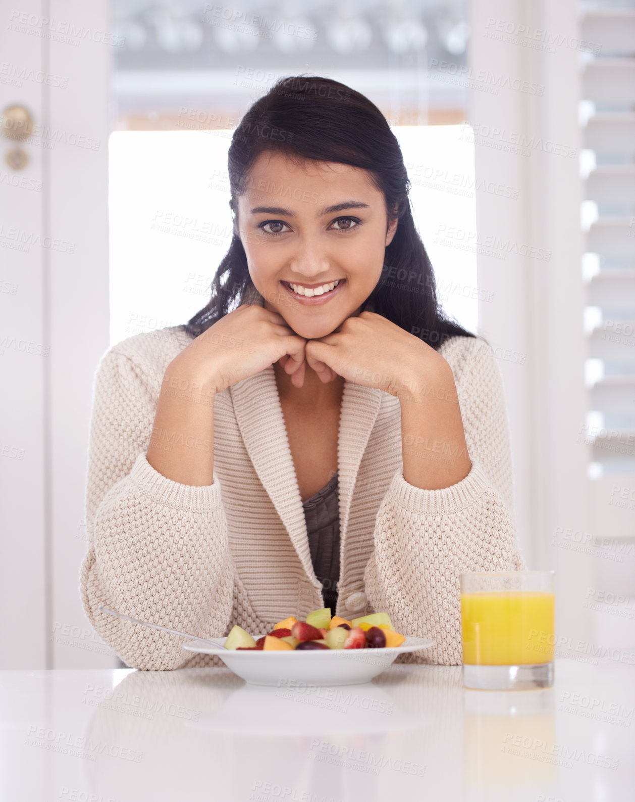 Buy stock photo Breakfast, happy and portrait of woman with fruit salad and juice for nutrition, wellness and diet. Morning, home and person with drink, healthy food and snack for detox, vitamins and organic meal