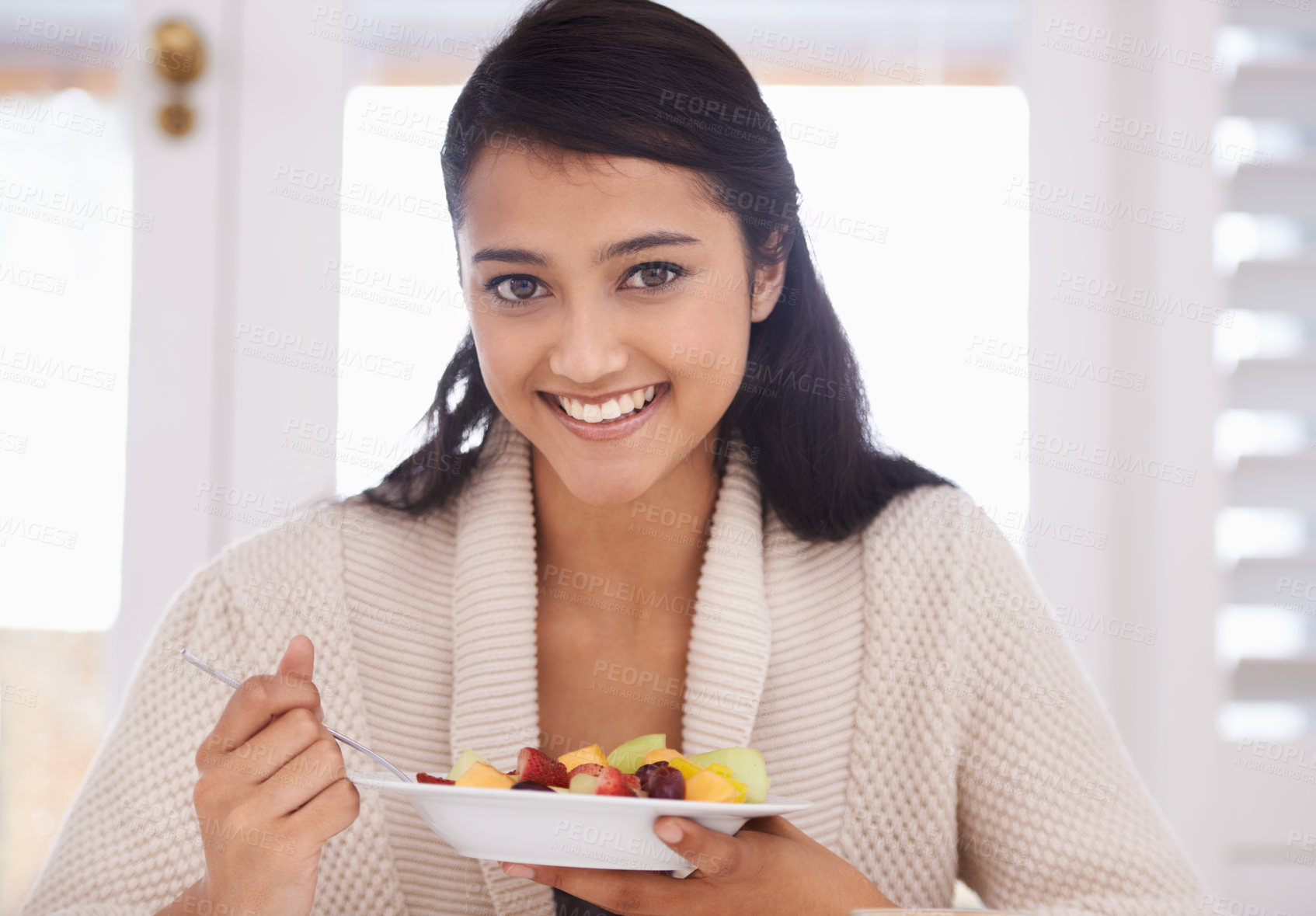 Buy stock photo Breakfast, morning and portrait of woman with fruit salad for nutrition, wellness and diet. Home, happy and face of person with bowl, healthy food and snack for detox, vitamins and organic meal