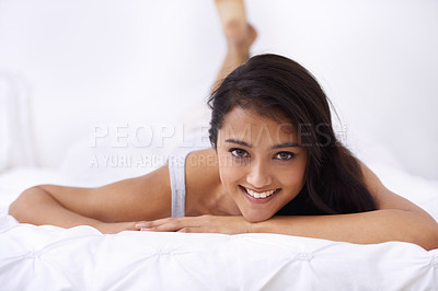 Buy stock photo Woman, bed and portrait in the morning happy from rest and sleep in a home with a smile. Indian female person, bedroom and wake up on duvet with peace and calm in a house on a blanket with comfort