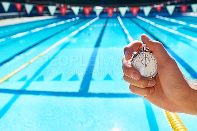 Buy stock photo Hand, timer and swimming pool for sport, training and workout with preparation for competition. Person, coach or mentor with clock, stopwatch or check for speed, progress and tracking lap for race