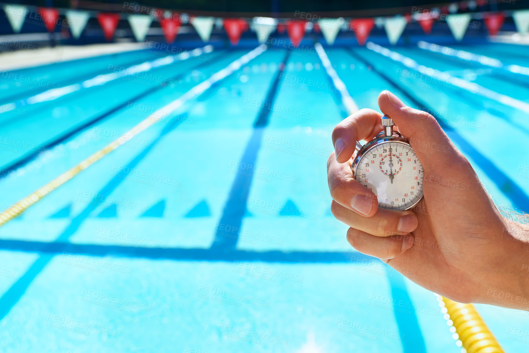 Buy stock photo Hand, timer and swimming pool for sport, training and workout with preparation for competition. Person, coach or mentor with clock, stopwatch or check for speed, progress and tracking lap for race