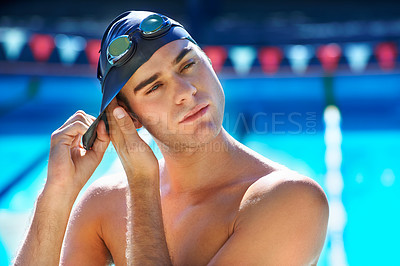 Buy stock photo Man, swimming pool and ready with cap for sport with exercise for wellness, health or fitness with vision. Swimmer, athlete or person by water for race, contest or workout at summer games with ideas