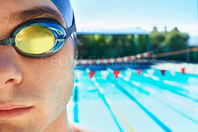 Buy stock photo Swimming goggles, sports and portrait of man for pool exercise, outdoor workout or training practice. Commitment, poolside and face of waterpolo player for competition, fitness or cardio performance