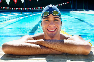 Buy stock photo Swimming pool, smile and portrait of sports man relax after exercise, outdoor workout or practice. Activity, wellness and face of swimmer happy after water polo competition, fitness or summer cardio