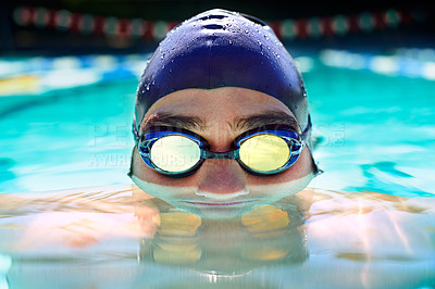Buy stock photo Swimming pool, goggles and sports man face for fitness exercise, outdoor workout or practice for race. Swimwear, wellness and wet swimmer doing waterpolo stroke, active cardio or training 