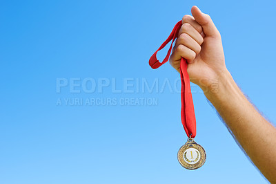 Buy stock photo Gold medal, blue sky and hands of sports person winning award, competition victory or game contest. Race champion, challenge winner and closeup athlete with mockup space, success or prize achievement
