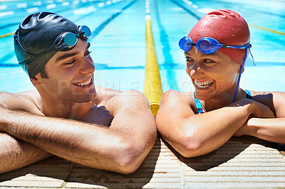 Buy stock photo Swimming pool, happy and friends relax after sports exercise, workout routine or training in water. Swimmer, humour and team partner laughing after fitness, cardio or challenge performance