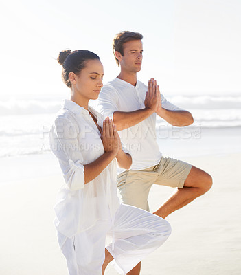 Buy stock photo Beach yoga, balance and relax couple meditate for spiritual peace, self care and outdoor wellness for chakra healing. Freedom, pilates partner and yogi meditation for calm, zen mindset or mindfulness