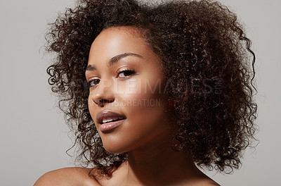 Buy stock photo Beauty, skincare and portrait of African woman on white background with makeup, glowing skin and glamour. Natural makeup, wellness and face of beautiful, attractive and happy female model in studio