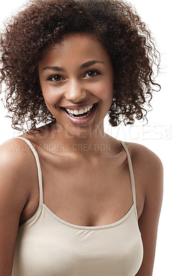 Buy stock photo Beauty, happy and portrait of African woman on white background with makeup, glowing skin and glamour. Skincare, spa mockup and face of beautiful female model smile in studio with natural cosmetics
