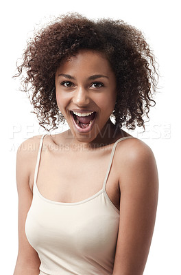 Buy stock photo Portrait of a beautiful young woman expressing positivity on a white background